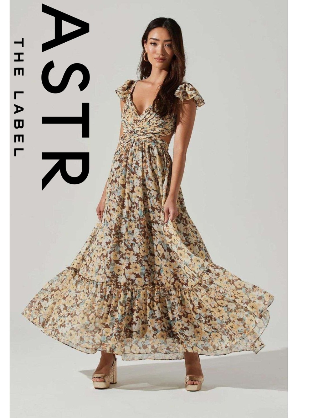 ASTR the label - Primrose Dress, Brown Yellow Floral, Size Medium